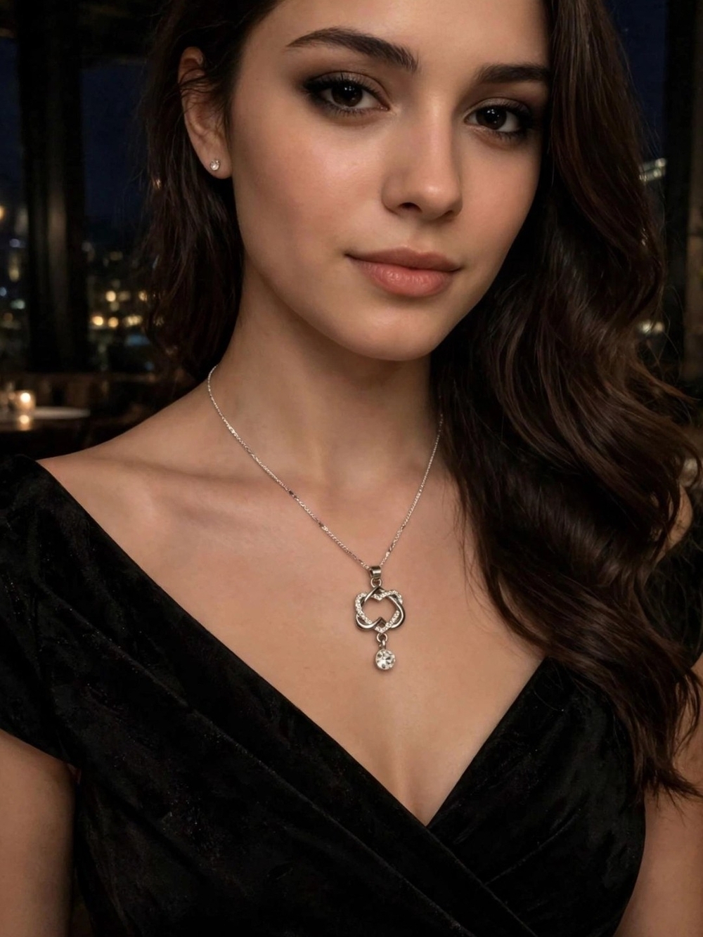 925 Silver Heart-Link Pendant Necklace with Crystal Drop - Women's Jewelry